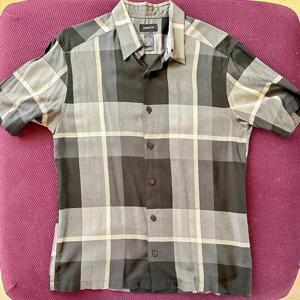 Men's Claiborne, Grey, Plaid, Rayon SS Shirt, Size L
